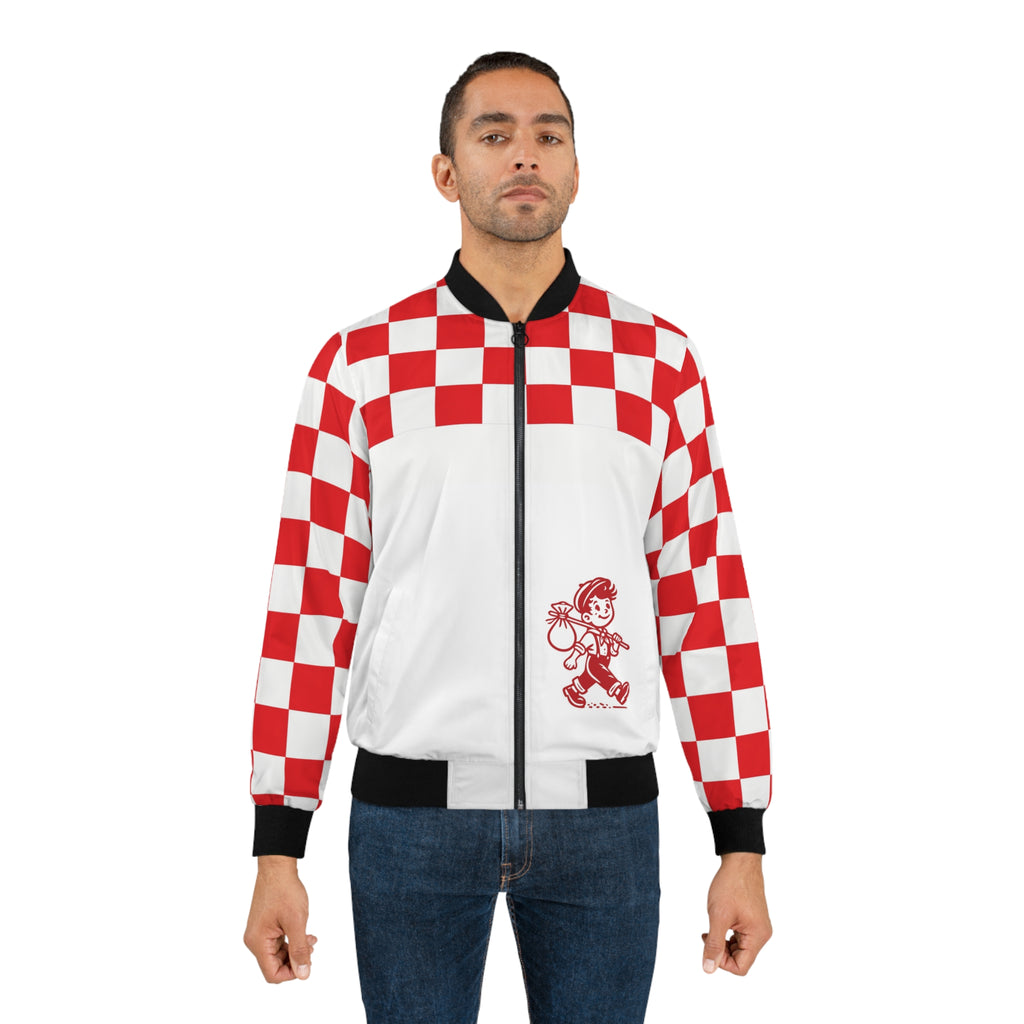 Checkerboard Red Bomber Jacket — "Tasty Traveler" Food Trailer Vintage Logo