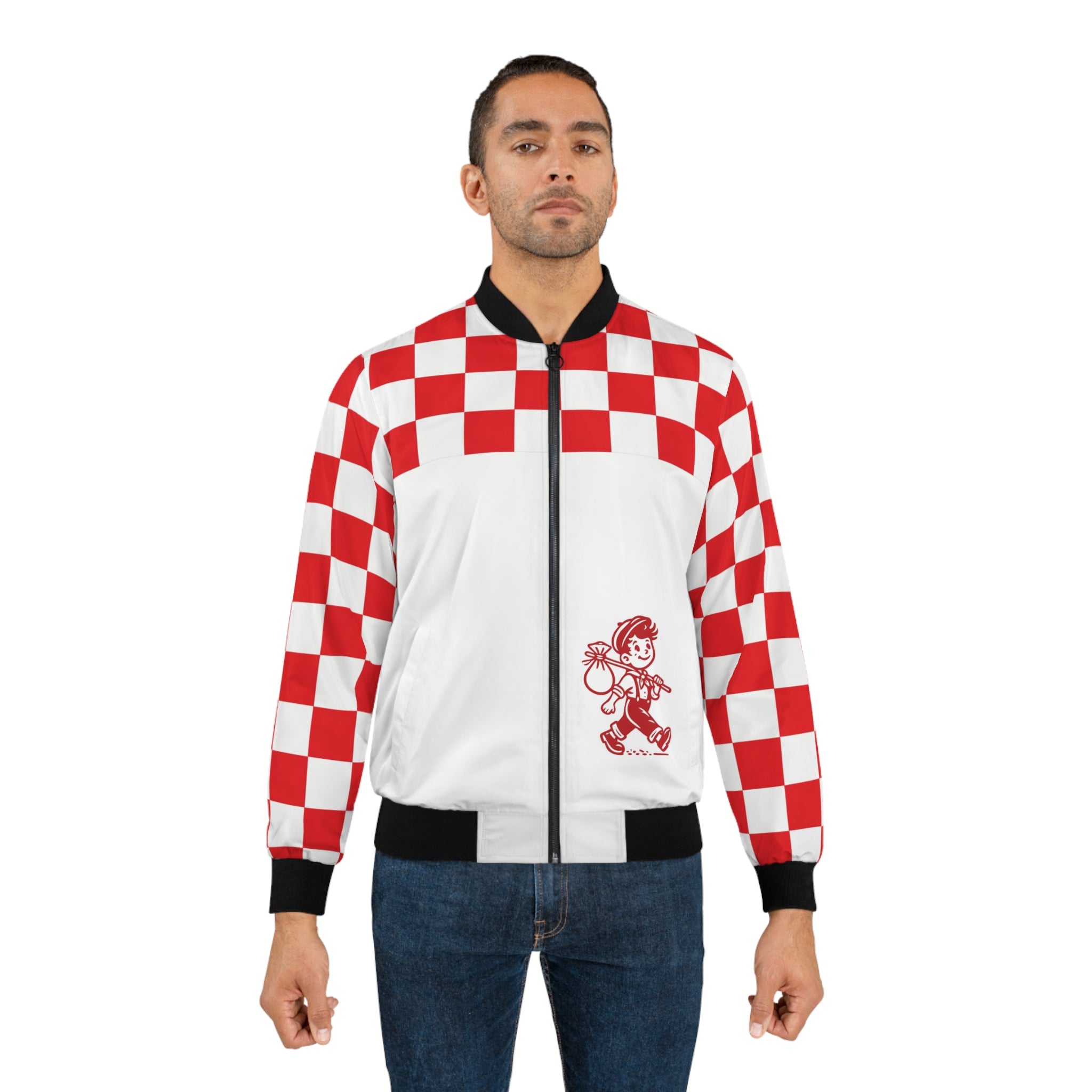 Checkerboard Red Bomber Jacket — "Tasty Traveler" Food Trailer Vintage Logo