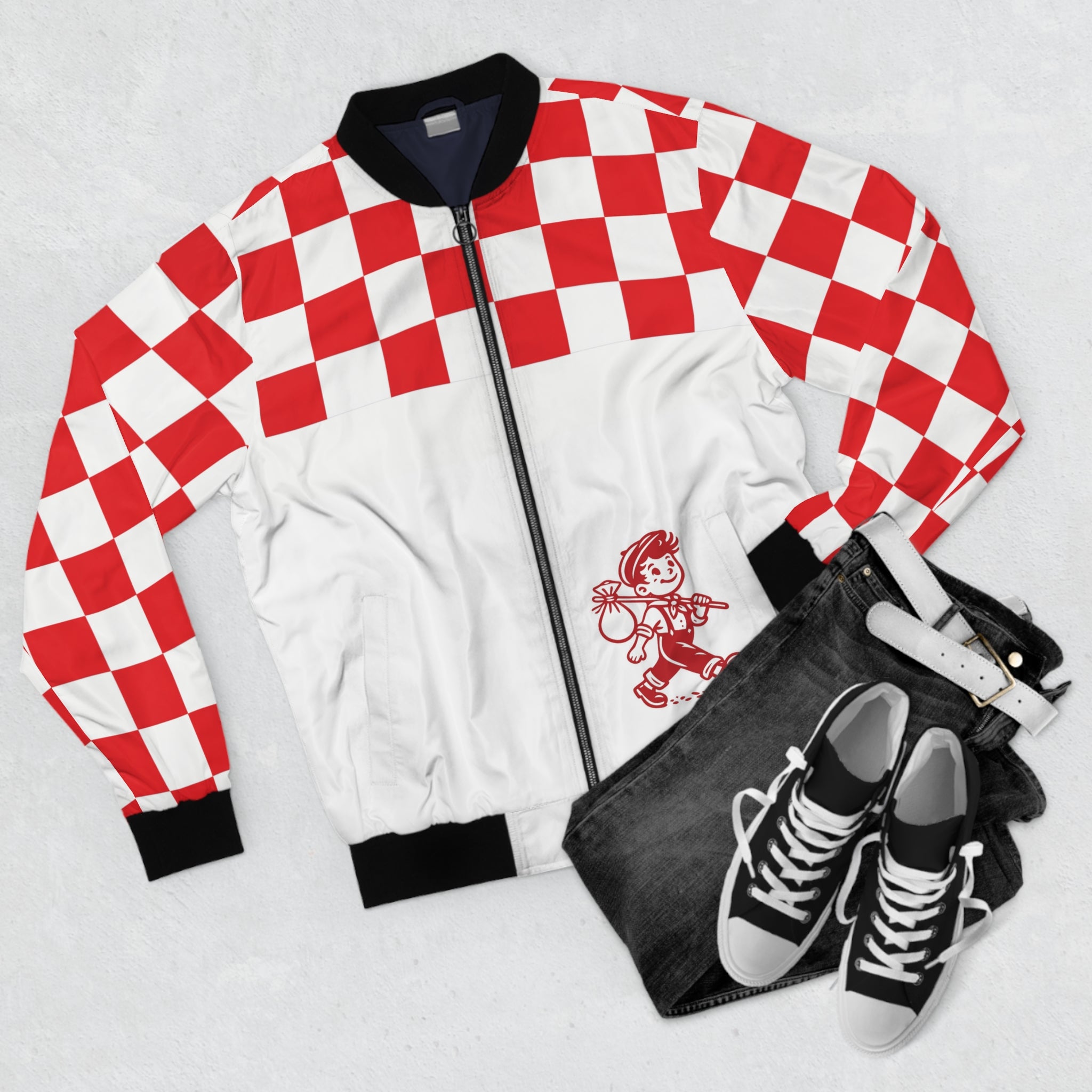 Checkerboard Red Bomber Jacket — "Tasty Traveler" Food Trailer Vintage Logo