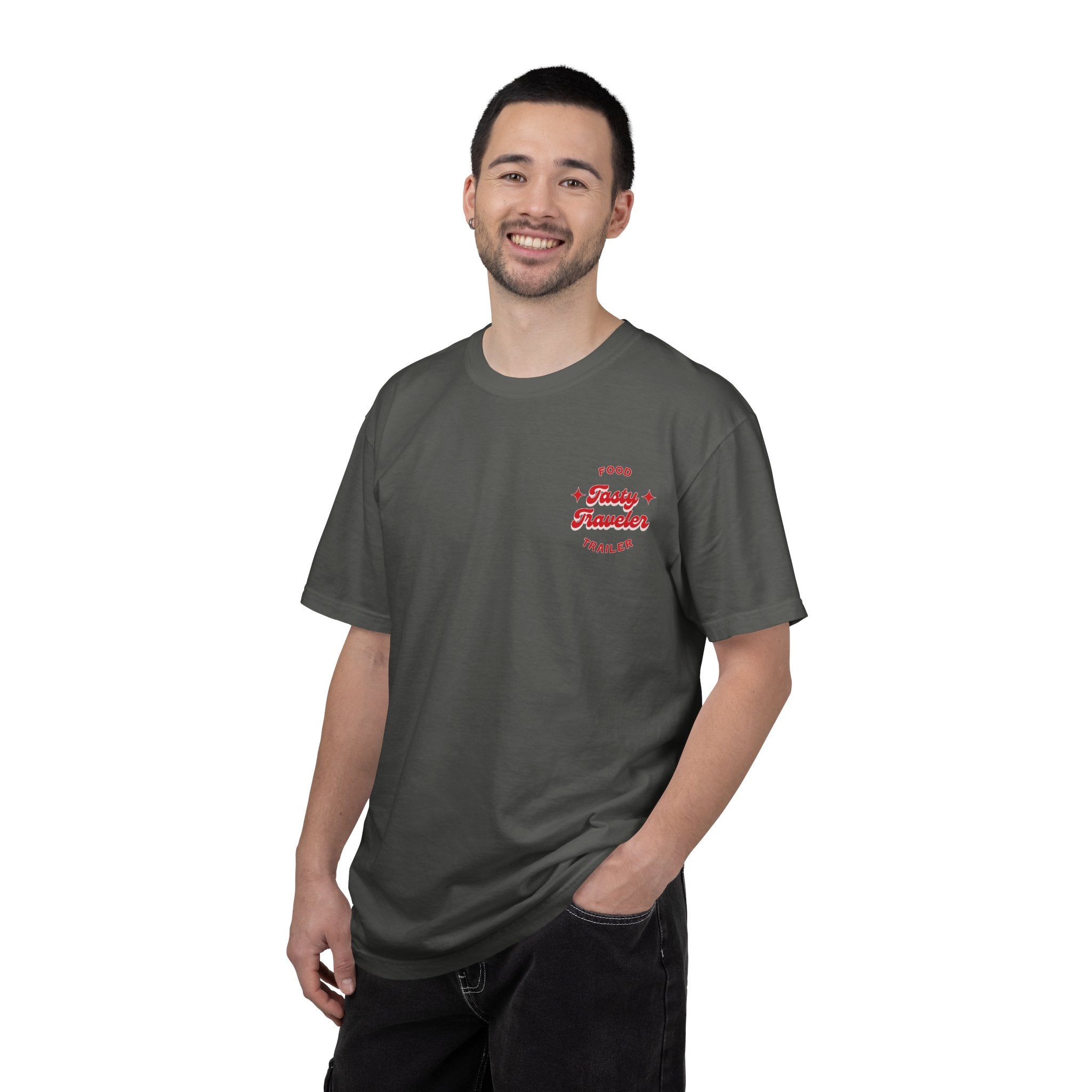 T-Shirt — Vintage Red Hobo Graphic ("Tasty Traveler")