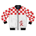 Checkerboard Red Bomber Jacket — "Tasty Traveler" Food Trailer Vintage Logo