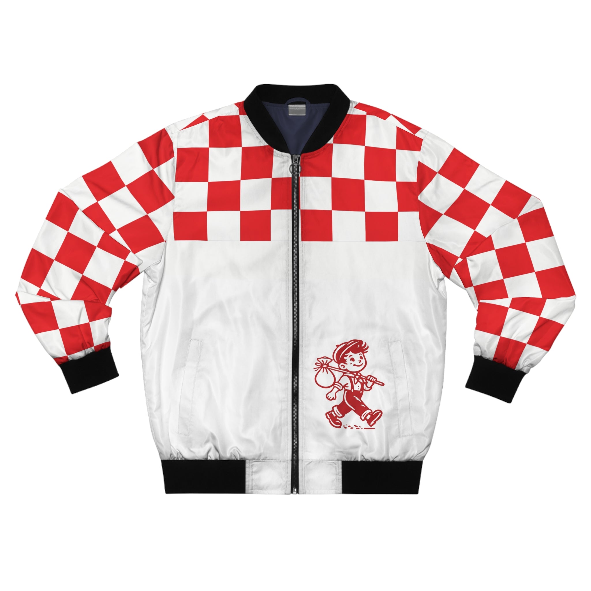 Checkerboard Red Bomber Jacket — "Tasty Traveler" Food Trailer Vintage Logo