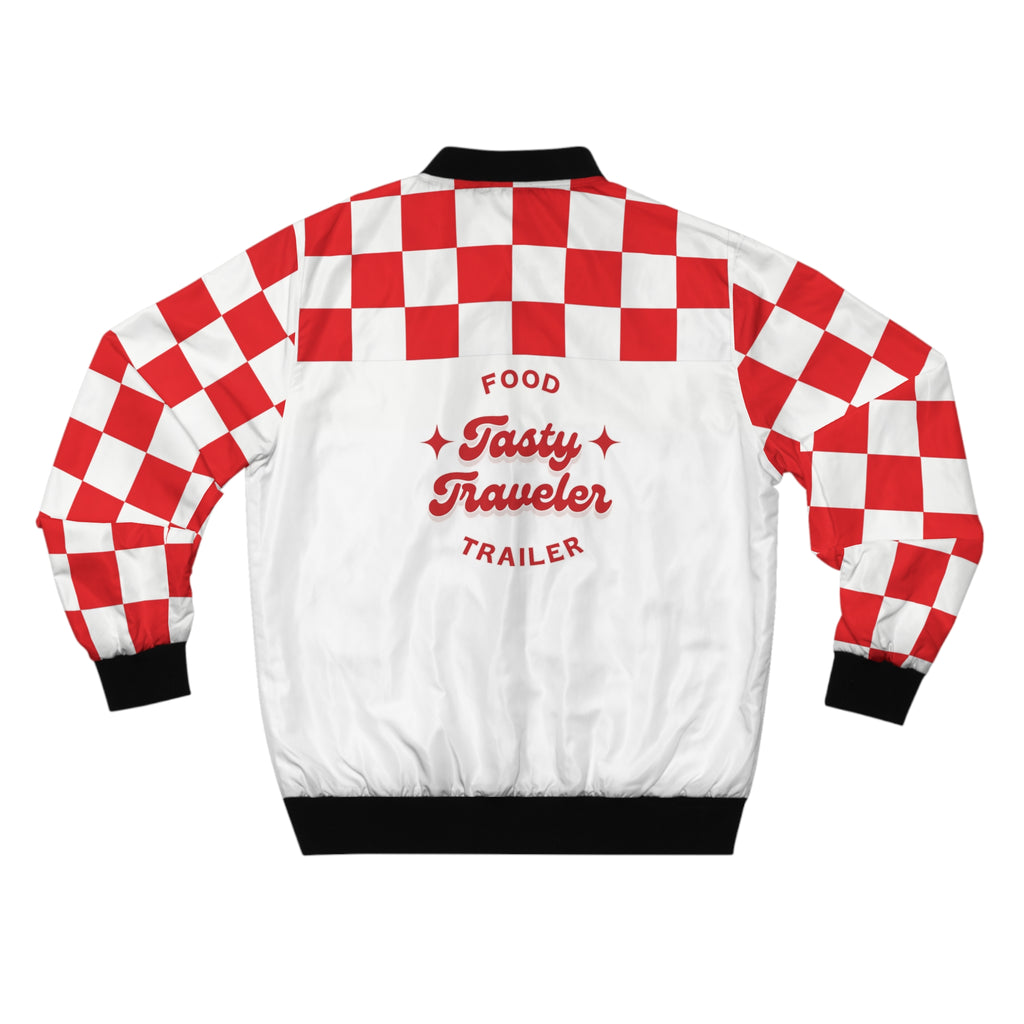 Checkerboard Red Bomber Jacket — "Tasty Traveler" Food Trailer Vintage Logo